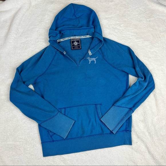 VS Pink Distressed Blue Star Notch Top Hoodie Sweater Large - Picture 1 of 11